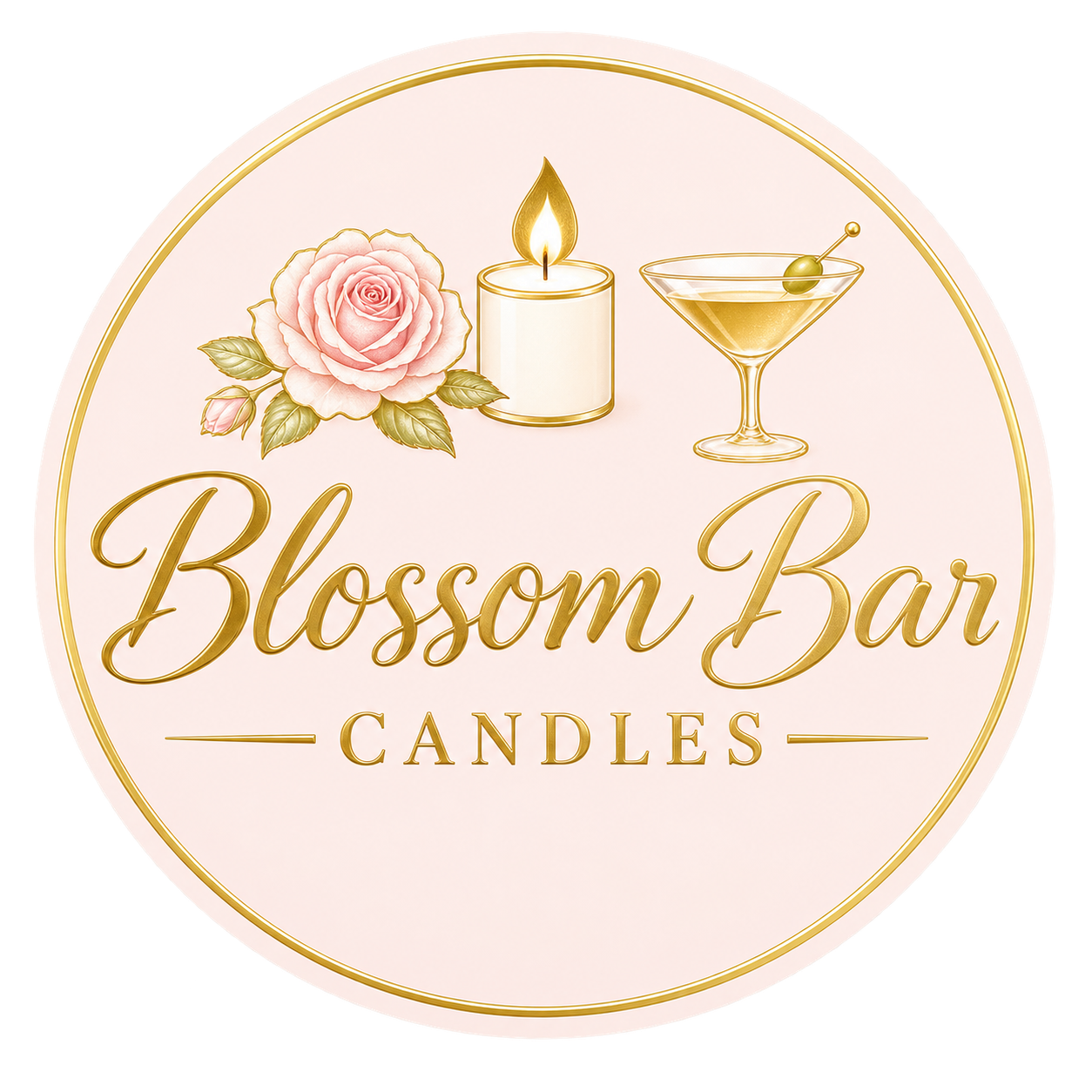 Blossom Bar Candles logo: a pink rose, lit candle and cocktail glass in gold