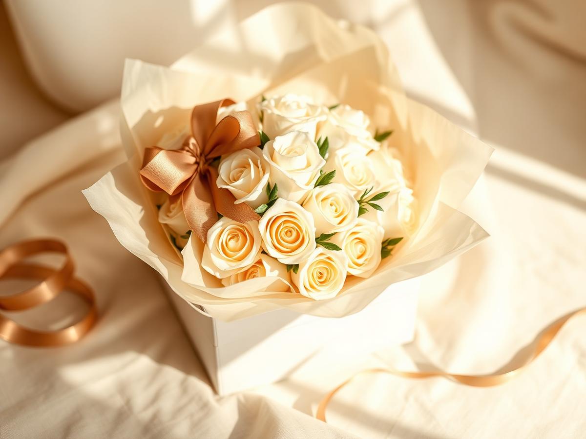 Candle bouquet gift box wrapped in tissue and tied with a ribbon